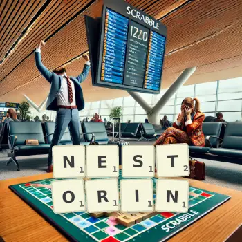 Kreative Illustration für ein Scrabble-Spiel, bei dem das Wort NESTORIN mit Steinen auf dem Brett gelegt wurde.