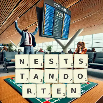 Kreative Illustration für ein Scrabble-Spiel, bei dem das Wort NESTSTANDORTEN mit Steinen auf dem Brett gelegt wurde.