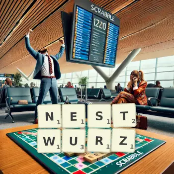Kreative Illustration für ein Scrabble-Spiel, bei dem das Wort NESTWURZ mit Steinen auf dem Brett gelegt wurde.