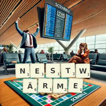 Kreative Illustration für ein Scrabble-Spiel, bei dem das Wort NESTWÄRME mit Steinen auf dem Brett gelegt wurde.