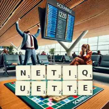 Kreative Illustration für ein Scrabble-Spiel, bei dem das Wort NETIQUETTE mit Steinen auf dem Brett gelegt wurde.