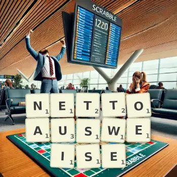 Kreative Illustration für ein Scrabble-Spiel, bei dem das Wort NETTOAUSWEISE mit Steinen auf dem Brett gelegt wurde.