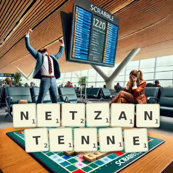 Kreative Illustration für ein Scrabble-Spiel, bei dem das Wort NETZANTENNE mit Steinen auf dem Brett gelegt wurde.
