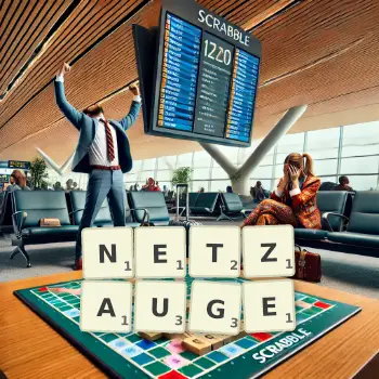 Kreative Illustration für ein Scrabble-Spiel, bei dem das Wort NETZAUGE mit Steinen auf dem Brett gelegt wurde.