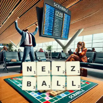 Kreative Illustration für ein Scrabble-Spiel, bei dem das Wort NETZBALL mit Steinen auf dem Brett gelegt wurde.