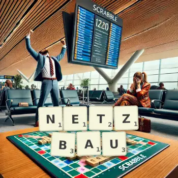 Kreative Illustration für ein Scrabble-Spiel, bei dem das Wort NETZBAU mit Steinen auf dem Brett gelegt wurde.