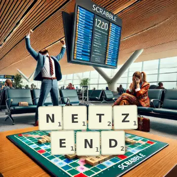 Kreative Illustration für ein Scrabble-Spiel, bei dem das Wort NETZEND mit Steinen auf dem Brett gelegt wurde.