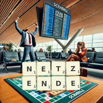 Kreative Illustration für ein Scrabble-Spiel, bei dem das Wort NETZENDE mit Steinen auf dem Brett gelegt wurde.