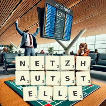 Kreative Illustration für ein Scrabble-Spiel, bei dem das Wort NETZHAUTSTELLE mit Steinen auf dem Brett gelegt wurde.