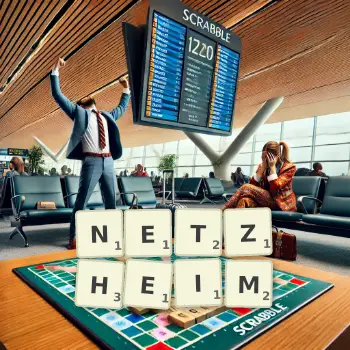 Kreative Illustration für ein Scrabble-Spiel, bei dem das Wort NETZHEIM mit Steinen auf dem Brett gelegt wurde.