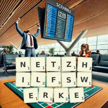 Kreative Illustration für ein Scrabble-Spiel, bei dem das Wort NETZHILFSWERKE mit Steinen auf dem Brett gelegt wurde.