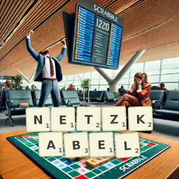 Kreative Illustration für ein Scrabble-Spiel, bei dem das Wort NETZKABEL mit Steinen auf dem Brett gelegt wurde.