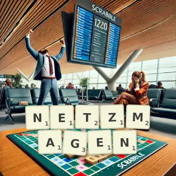 Kreative Illustration für ein Scrabble-Spiel, bei dem das Wort NETZMAGEN mit Steinen auf dem Brett gelegt wurde.