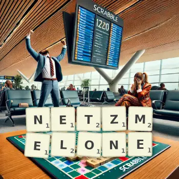 Kreative Illustration für ein Scrabble-Spiel, bei dem das Wort NETZMELONE mit Steinen auf dem Brett gelegt wurde.