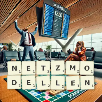 Kreative Illustration für ein Scrabble-Spiel, bei dem das Wort NETZMODELLEN mit Steinen auf dem Brett gelegt wurde.
