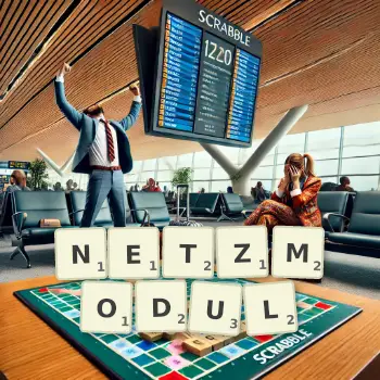Kreative Illustration für ein Scrabble-Spiel, bei dem das Wort NETZMODUL mit Steinen auf dem Brett gelegt wurde.