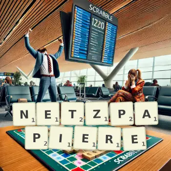 Kreative Illustration für ein Scrabble-Spiel, bei dem das Wort NETZPAPIERE mit Steinen auf dem Brett gelegt wurde.