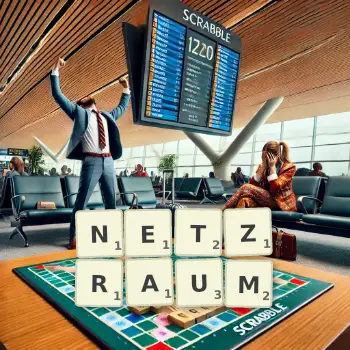 Kreative Illustration für ein Scrabble-Spiel, bei dem das Wort NETZRAUM mit Steinen auf dem Brett gelegt wurde.