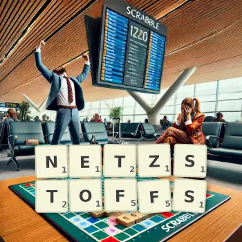 Kreative Illustration für ein Scrabble-Spiel, bei dem das Wort NETZSTOFFS mit Steinen auf dem Brett gelegt wurde.