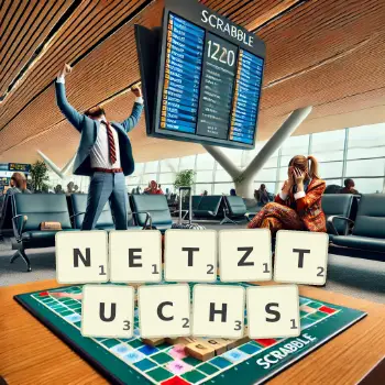 Kreative Illustration für ein Scrabble-Spiel, bei dem das Wort NETZTUCHS mit Steinen auf dem Brett gelegt wurde.