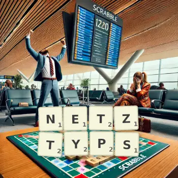 Kreative Illustration für ein Scrabble-Spiel, bei dem das Wort NETZTYPS mit Steinen auf dem Brett gelegt wurde.