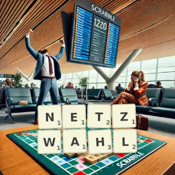 Kreative Illustration für ein Scrabble-Spiel, bei dem das Wort NETZWAHL mit Steinen auf dem Brett gelegt wurde.