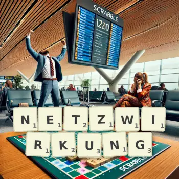 Kreative Illustration für ein Scrabble-Spiel, bei dem das Wort NETZWIRKUNG mit Steinen auf dem Brett gelegt wurde.