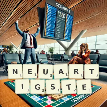 Kreative Illustration für ein Scrabble-Spiel, bei dem das Wort NEUARTIGSTE mit Steinen auf dem Brett gelegt wurde.