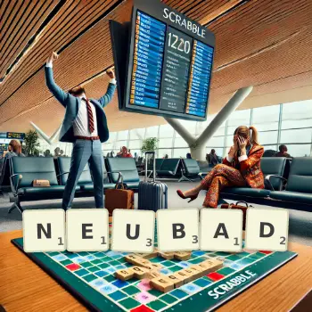 Kreative Illustration für ein Scrabble-Spiel, bei dem das Wort NEUBAD mit Steinen auf dem Brett gelegt wurde.