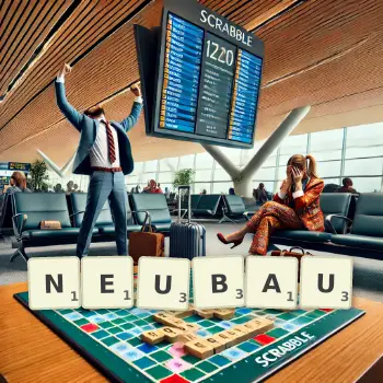 Kreative Illustration für ein Scrabble-Spiel, bei dem das Wort NEUBAU mit Steinen auf dem Brett gelegt wurde.