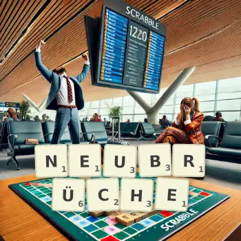 Kreative Illustration für ein Scrabble-Spiel, bei dem das Wort NEUBRÜCHE mit Steinen auf dem Brett gelegt wurde.
