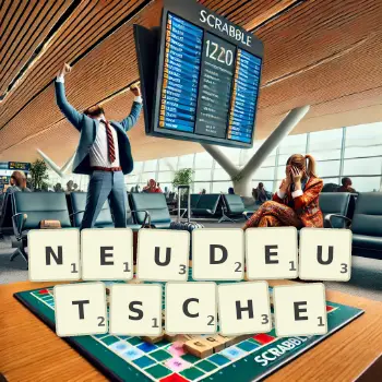 Kreative Illustration für ein Scrabble-Spiel, bei dem das Wort NEUDEUTSCHE mit Steinen auf dem Brett gelegt wurde.