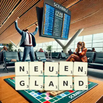Kreative Illustration für ein Scrabble-Spiel, bei dem das Wort NEUENGLAND mit Steinen auf dem Brett gelegt wurde.
