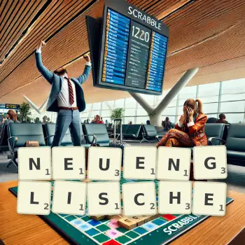 Kreative Illustration für ein Scrabble-Spiel, bei dem das Wort NEUENGLISCHE mit Steinen auf dem Brett gelegt wurde.