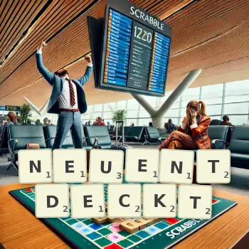 Kreative Illustration für ein Scrabble-Spiel, bei dem das Wort NEUENTDECKT mit Steinen auf dem Brett gelegt wurde.