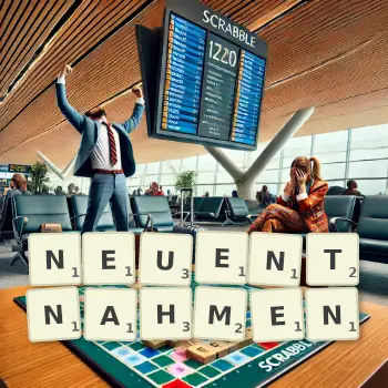 Kreative Illustration für ein Scrabble-Spiel, bei dem das Wort NEUENTNAHMEN mit Steinen auf dem Brett gelegt wurde.