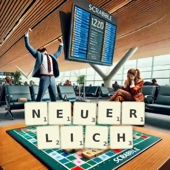 Kreative Illustration für ein Scrabble-Spiel, bei dem das Wort NEUERLICH mit Steinen auf dem Brett gelegt wurde.