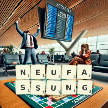 Kreative Illustration für ein Scrabble-Spiel, bei dem das Wort NEUFASSUNG mit Steinen auf dem Brett gelegt wurde.