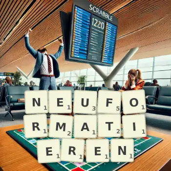 Kreative Illustration für ein Scrabble-Spiel, bei dem das Wort NEUFORMATIEREN mit Steinen auf dem Brett gelegt wurde.