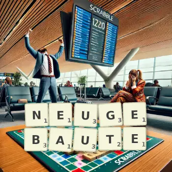 Kreative Illustration für ein Scrabble-Spiel, bei dem das Wort NEUGEBAUTE mit Steinen auf dem Brett gelegt wurde.