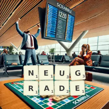 Kreative Illustration für ein Scrabble-Spiel, bei dem das Wort NEUGRADE mit Steinen auf dem Brett gelegt wurde.