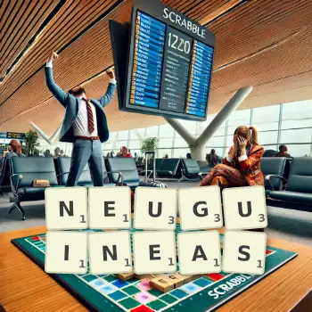 Kreative Illustration für ein Scrabble-Spiel, bei dem das Wort NEUGUINEAS mit Steinen auf dem Brett gelegt wurde.