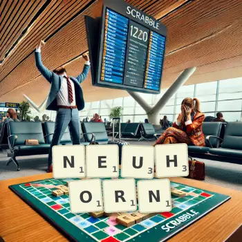 Kreative Illustration für ein Scrabble-Spiel, bei dem das Wort NEUHORN mit Steinen auf dem Brett gelegt wurde.