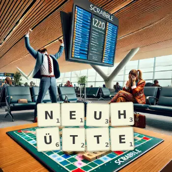 Kreative Illustration für ein Scrabble-Spiel, bei dem das Wort NEUHÜTTE mit Steinen auf dem Brett gelegt wurde.