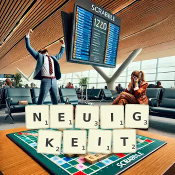 Kreative Illustration für ein Scrabble-Spiel, bei dem das Wort NEUIGKEIT mit Steinen auf dem Brett gelegt wurde.