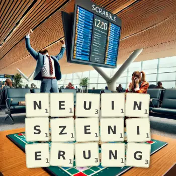 Kreative Illustration für ein Scrabble-Spiel, bei dem das Wort NEUINSZENIERUNG mit Steinen auf dem Brett gelegt wurde.