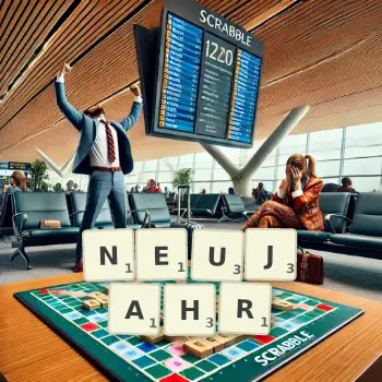 Kreative Illustration für ein Scrabble-Spiel, bei dem das Wort NEUJAHR mit Steinen auf dem Brett gelegt wurde.