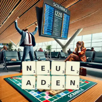 Kreative Illustration für ein Scrabble-Spiel, bei dem das Wort NEULADEN mit Steinen auf dem Brett gelegt wurde.