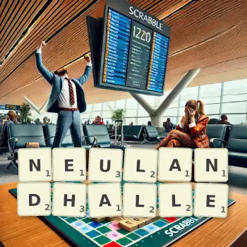 Kreative Illustration für ein Scrabble-Spiel, bei dem das Wort NEULANDHALLE mit Steinen auf dem Brett gelegt wurde.