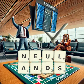 Kreative Illustration für ein Scrabble-Spiel, bei dem das Wort NEULANDS mit Steinen auf dem Brett gelegt wurde.